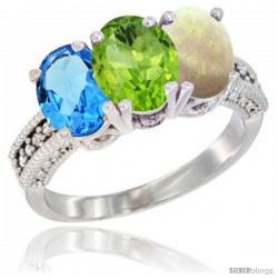 14K White Gold Natural Swiss Blue Topaz, Peridot & Opal Ring 3-Stone 7x5 mm Oval Diamond Accent