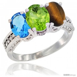 14K White Gold Natural Swiss Blue Topaz, Peridot & Tiger Eye Ring 3-Stone 7x5 mm Oval Diamond Accent