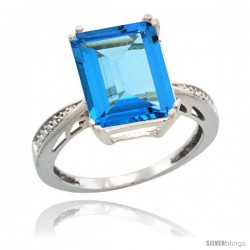 Sterling Silver Diamond Natural Swiss Blue Topaz Ring 5.83 ct Emerald Shape 12x10 Stone 1/2 in wide -Style Cwg04149