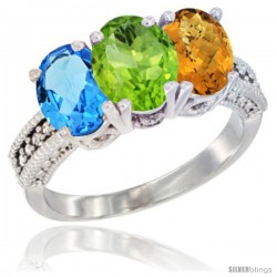 14K White Gold Natural Swiss Blue Topaz, Peridot & Whisky Quartz Ring 3-Stone 7x5 mm Oval Diamond Accent