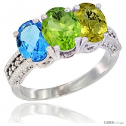 14K White Gold Natural Swiss Blue Topaz, Peridot & Lemon Quartz Ring 3-Stone 7x5 mm Oval Diamond Accent