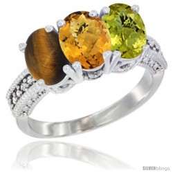 10K White Gold Natural Tiger Eye, Whisky Quartz & Lemon Quartz Ring 3-Stone Oval 7x5 mm Diamond Accent