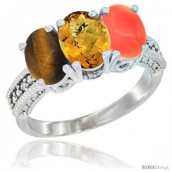 10K White Gold Natural Tiger Eye, Whisky Quartz & Coral Ring 3-Stone Oval 7x5 mm Diamond Accent