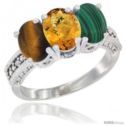 10K White Gold Natural Tiger Eye, Whisky Quartz & Malachite Ring 3-Stone Oval 7x5 mm Diamond Accent