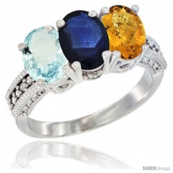 14K White Gold Natural Aquamarine, Blue Sapphire & Whisky Quartz Ring 3-Stone Oval 7x5 mm Diamond Accent