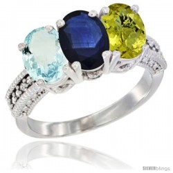 14K White Gold Natural Aquamarine, Blue Sapphire & Lemon Quartz Ring 3-Stone Oval 7x5 mm Diamond Accent