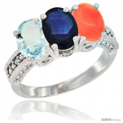 14K White Gold Natural Aquamarine, Blue Sapphire & Coral Ring 3-Stone Oval 7x5 mm Diamond Accent