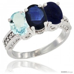 14K White Gold Natural Aquamarine, Blue Sapphire & Lapis Ring 3-Stone Oval 7x5 mm Diamond Accent