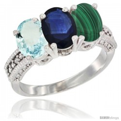 14K White Gold Natural Aquamarine, Blue Sapphire & Malachite Ring 3-Stone Oval 7x5 mm Diamond Accent