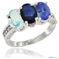 14K White Gold Natural Aquamarine, Blue Sapphire & Tanzanite Ring 3-Stone Oval 7x5 mm Diamond Accent