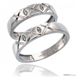 10k White Gold 2-Pc His (5mm) & Hers (4.5mm) Diamond Wedding Ring Band Set w/ 0.026 Carat Brilliant Cut Diamonds