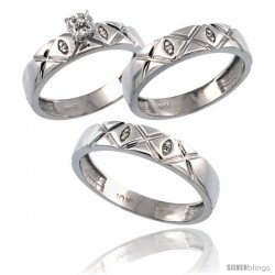 10k White Gold 3-Pc. Trio His (5mm) & Hers (4.5mm) Diamond Wedding Ring Band Set, w/ 0.056 Carat Brilliant Cut Diamonds