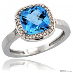 Sterling Silver Diamond Natural Swiss Blue Topaz Ring 2.08 ct Checkerboard Cushion 8mm Stone 1/2.08 in wide