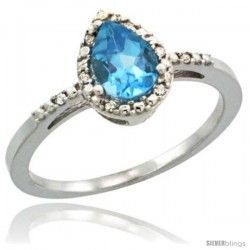 Sterling Silver Diamond Natural Swiss Blue Topaz Ring 0.59 ct Tear Drop 7x5 Stone 3/8 in wide