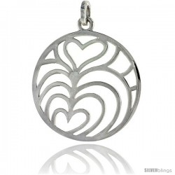 Sterling Silver Round Pendant, w/ Overlapping Hearts 1 3/8" (35 mm)