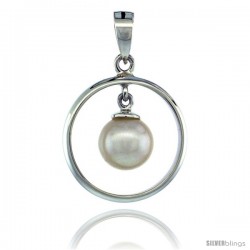 Sterling Silver Dangle Pearl in Circle Pendant 11/16 in. (17 mm), High Polished Finish