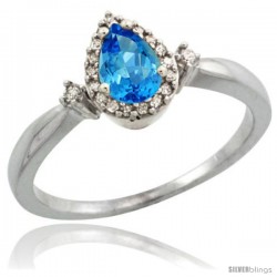 Sterling Silver Diamond Natural Swiss Blue Topaz Ring 0.33 ct Tear Drop 6x4 Stone 3/8 in wide