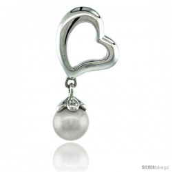 Sterling Silver Fancy Heart Cut Out w/ Dangle Pearl Pendant 1 in. (26 mm), High Polished Finish