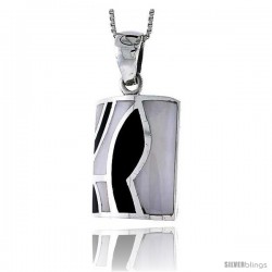 Sterling Silver Rectangular Shell Shell Pendant, w/ Black & White Mother of Pearl inlay, 1 1/4" (32 mm) tall& 18" Thin Snake