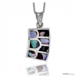 Sterling Silver Striped Rectangular Shell Pendant, w/ Colorful Mother of Pearl inlay, 7/8" (22 mm) tall& 18" Thin Snake Chain