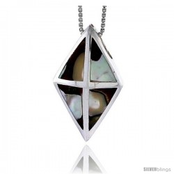 Sterling Silver Diamond-shaped Slider Shell Pendant, w/ Colorful Mother of Pearl inlay, 1 5/16" (33 mm) tall& 18" Thin Snake