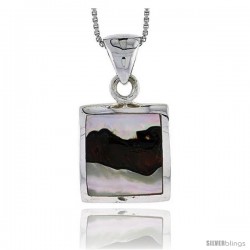 Sterling Silver Square Shell Pendant, w/ Colorful Mother of Pearl inlay, 1" (25 mm) tall& 18" Thin Snake Chain