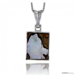 Sterling Silver Square Shell Pendant, w/ Colorful Mother of Pearl inlay, 1" (25 mm) tall& 18" Thin Snake Chain -Style Tps13