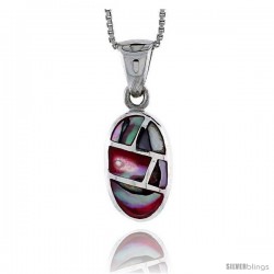 Sterling Silver Oval Shell Pendant, w/ Colorful Mother of Pearl inlay, 15/16" (24 mm) tall& 18" Thin Snake Chain