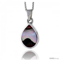 Sterling Silver Pear-shaped Shell Pendant, w/ Colorful Mother of Pearl inlay, 3/4" (20 mm) tall& 18" Thin Snake Chain