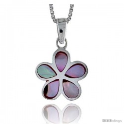 Sterling Silver Five-Petal Flower Shell Pendant, w/ Colorful Mother of Pearl inlay, 3/4" (19 mm) tall& 18" Thin Snake Chain