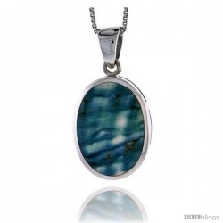 Sterling Silver Oval Shell Pendant, w/ Blue-Green Mother of Pearl inlay, 1 1/16" (27 mm) tall& 18" Thin Snake Chain