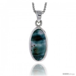 Sterling Silver Oval Shell Pendant, w/ Blue-Green Mother of Pearl inlay, 7/8" (22 mm) tall& 18" Thin Snake Chain