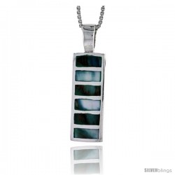 Sterling Silver Striped Rectangular Shell Pendant, w/ Blue-Green Mother of Pearl inlay, 1" (26 mm) tall& 18" Thin Snake Chain