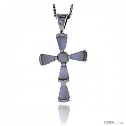 Sterling Silver Fancy Cross Shell Pendant, w/ Pink Mother of Pearl inlay, 1 3/16" (30 mm) tall& 18" Thin Snake Chain