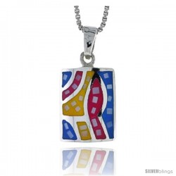 Sterling Silver Rectangular Shell Pendant, w/ Colorful Mother of Pearl inlay, 3/4" (20 mm) tall& 18" Thin Snake Chain