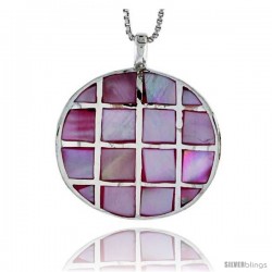 Sterling Silver Checkerboard Design Round Shell Pendant, w/ Pink Mother of Pearl inlay, 1 1/16" (27 mm)& 18" Thin Snake Chain