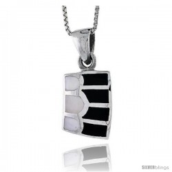 Sterling Silver Striped Rectangular Shell Pendant, w/ Black & White Mother of Pearl inlay, 7/8" (22 mm) tall& 18" Thin Snake