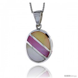 Sterling Silver Striped Oval Shell Pendant, w/ Yellow, Pink & Blue Mother of Pearl inlay, 1 1/16" (27 mm) tall& 18" Thin Snake