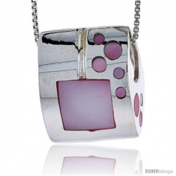 Sterling Silver Square Slider Shell Pendant, w/ Pink Mother of Pearl inlay, 7/8" (22 mm) tall& 18" Thin Snake Chain