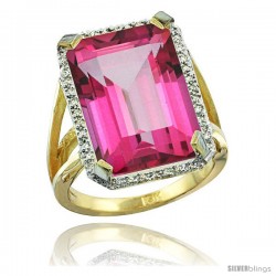 10k Yellow Gold Diamond Pink Topaz Ring 14.96 ct Emerald shape 18x13 Stone 13/16 in wide