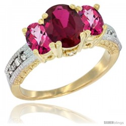 10K Yellow Gold Ladies Oval Natural Ruby 3-Stone Ring with Pink Topaz Sides Diamond Accent