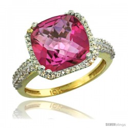 10k Yellow Gold Diamond Halo Pink Topaz Ring Checkerboard Cushion 11 mm 5.85 ct 1/2 in wide