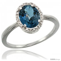 Sterling Silver Natural London Blue Topaz Diamond Halo Ring 1.17 Carat 8X6 mm Oval Shape, 1/2 in wide