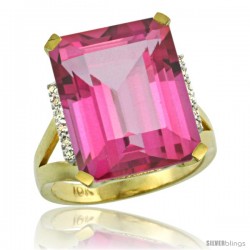 10k Yellow Gold Diamond Pink Topaz Ring 12 ct Emerald Cut 16x12 stone 3/4 in wide