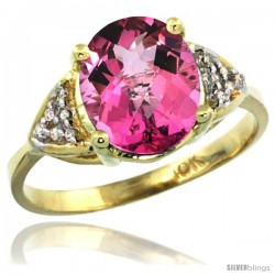 10k Yellow Gold Diamond Pink Topaz Ring 2.40 ct Oval 10x8 Stone 3/8 in wide