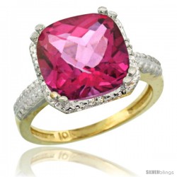 10k Yellow Gold Diamond Pink Topaz Ring 5.94 ct Checkerboard Cushion 11 mm Stone 1/2 in wide