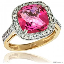 10k Yellow Gold Diamond Halo Pink Topaz Ring Checkerboard Cushion 9 mm 2.4 ct 1/2 in wide