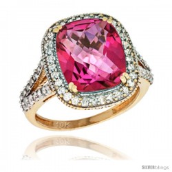 10k Yellow Gold Diamond Halo Pink Topaz Ring Checkerboard Cushion 12x10 4.8 ct 3/4 in wide