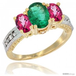 10K Yellow Gold Ladies Oval Natural Emerald 3-Stone Ring with Pink Topaz Sides Diamond Accent