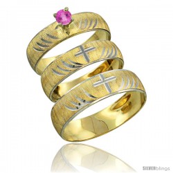 10k Gold 3-Piece Trio Pink Sapphire Wedding Ring Set Him & Her 0.10 ct Rhodium Accent Diamond-cut Pattern -Style 10y503w3